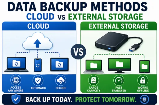 Infographic comparing data backup methods with cloud storage and external storage, showing features like accessibility, security, speed, and offline access. 