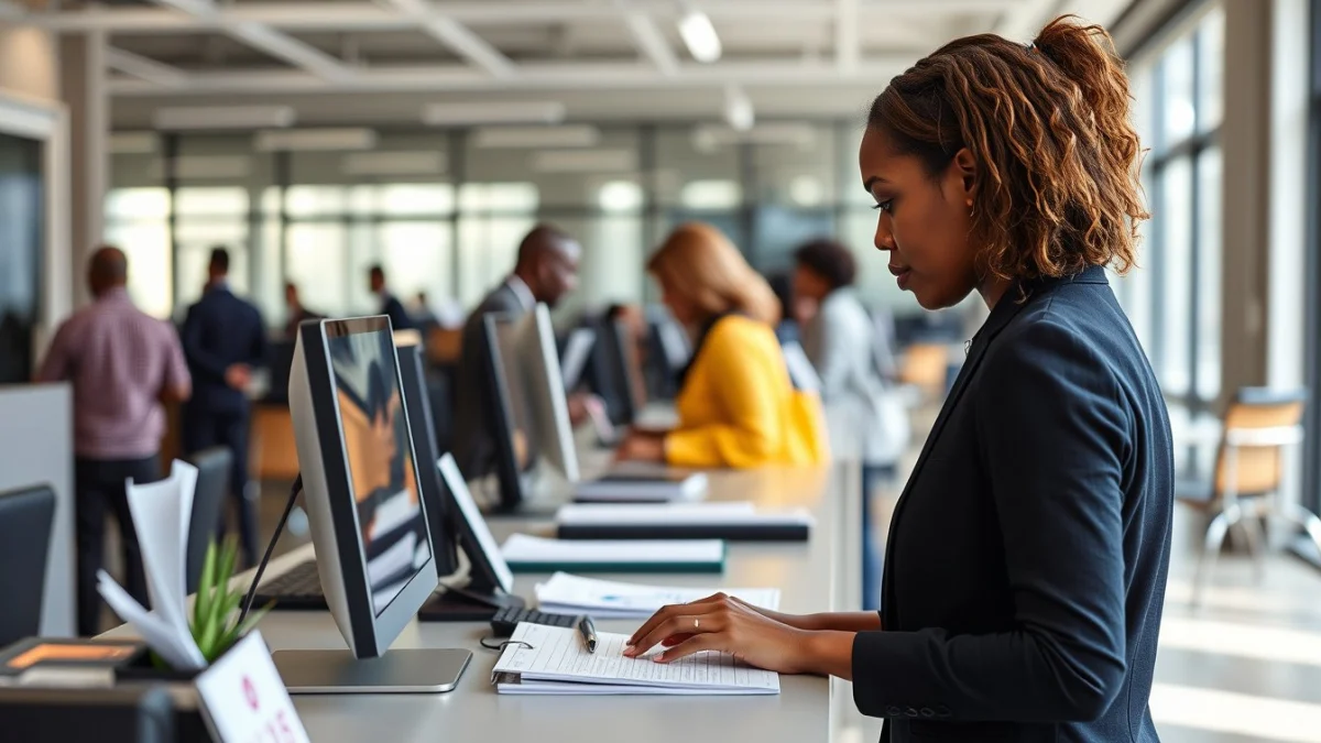 Person learning data entry and file management basics in a modern educational setting