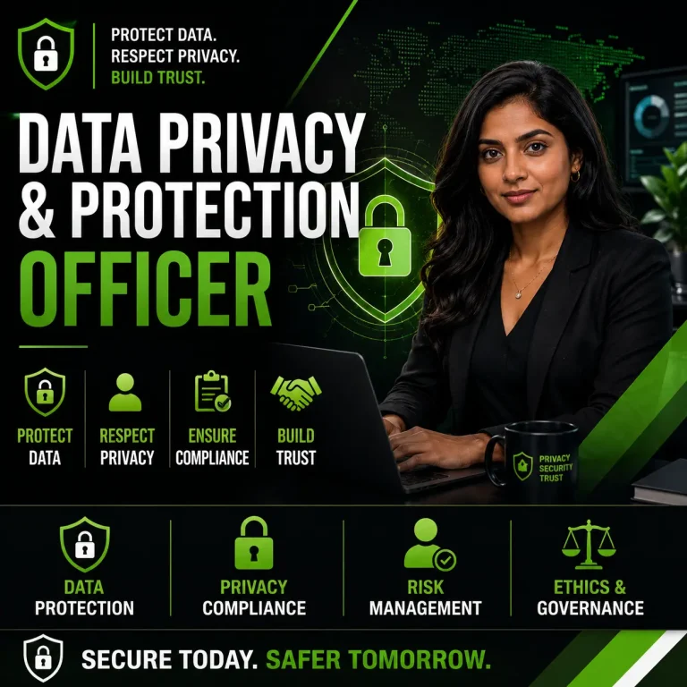 Data Privacy and Protection Officer course cover featuring an Indian South African professional, digital privacy shield, and black and green cybersecurity design.
