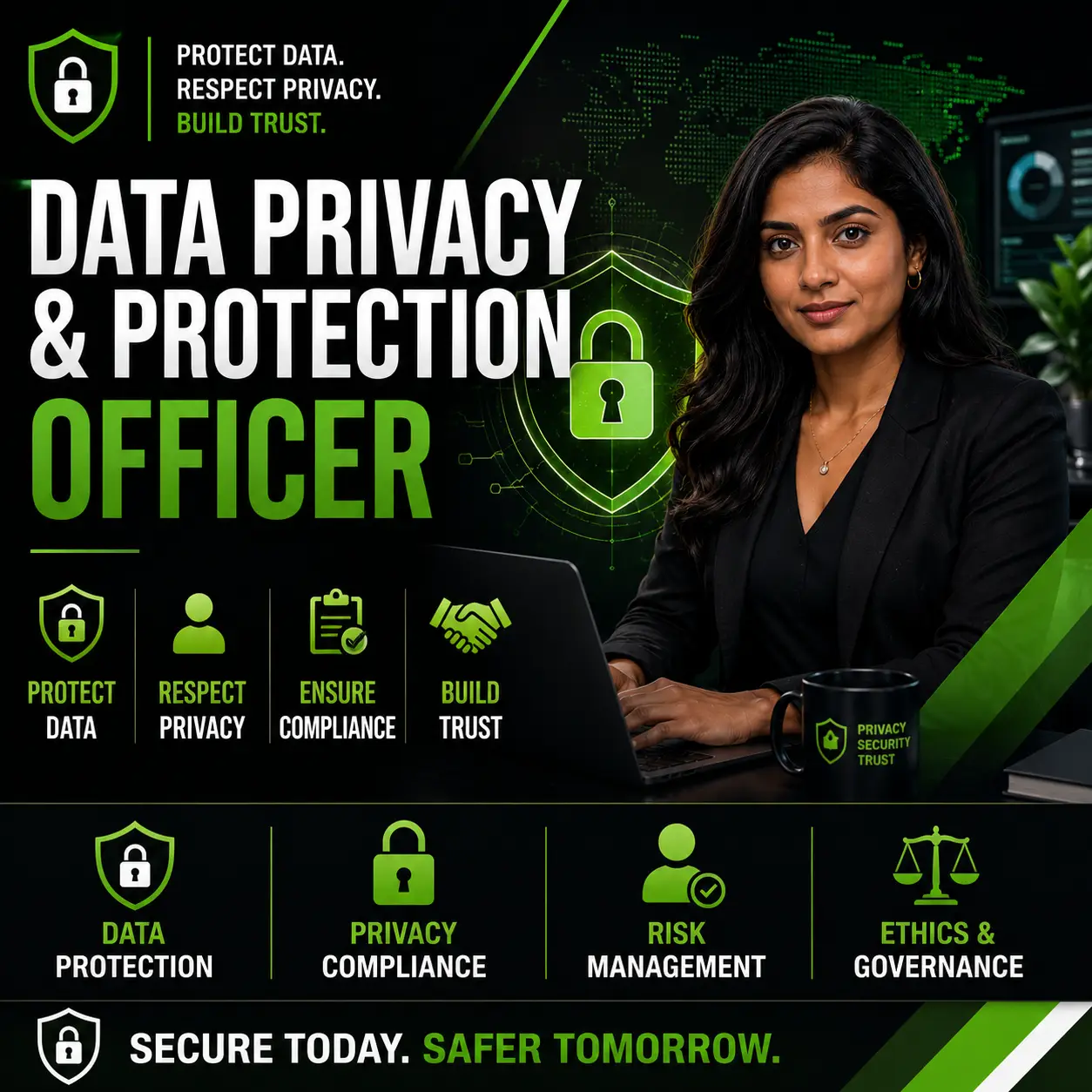 Data Privacy and Protection Officer course cover featuring an Indian South African professional, digital privacy shield, and black and green cybersecurity design.