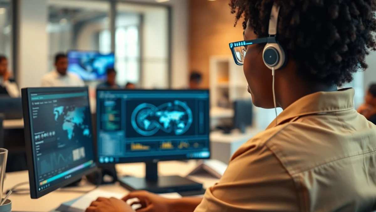 Person learning artificial intelligence skills on a laptop in a modern workspace