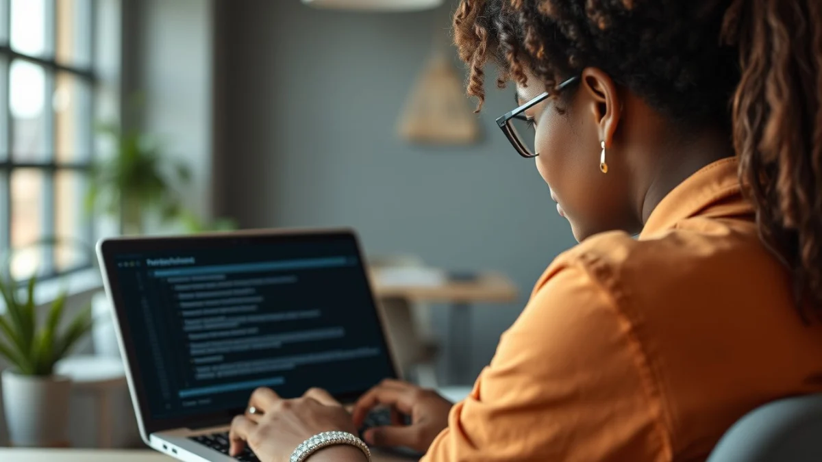 Person learning artificial intelligence skills on a laptop in a modern workspace