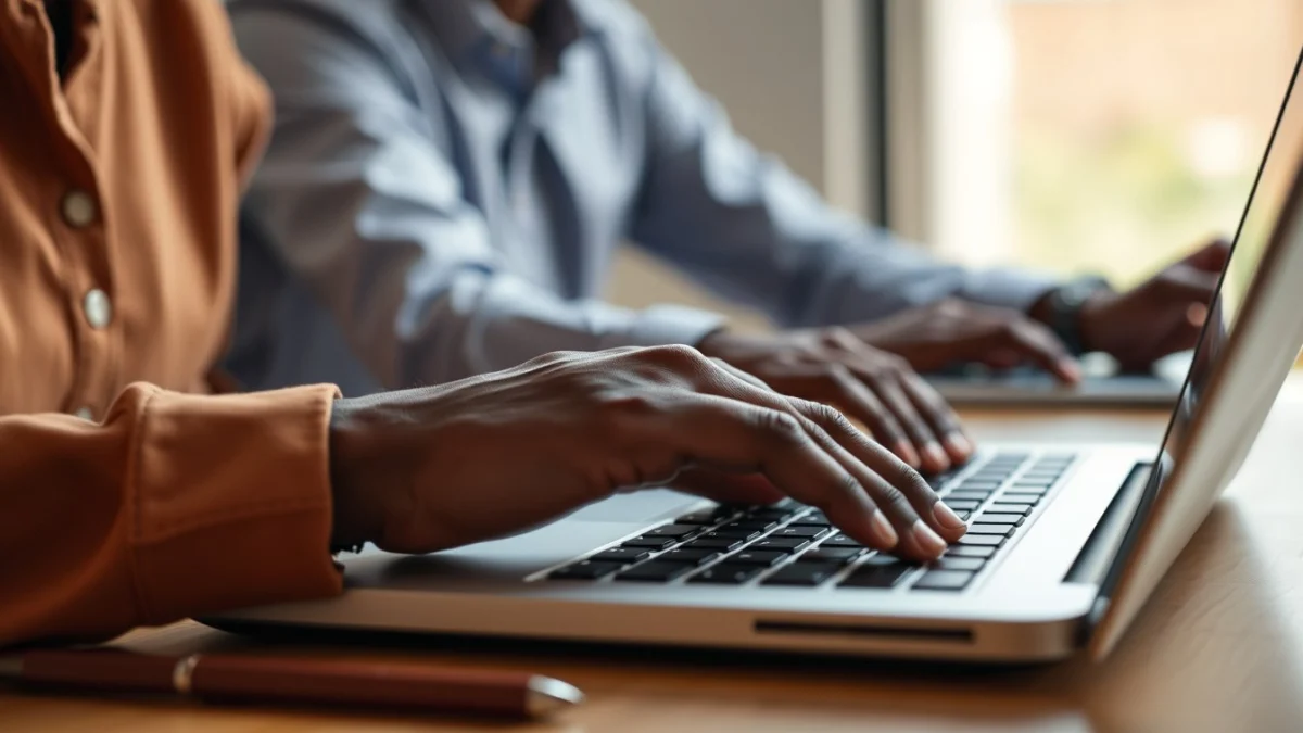 Person learning artificial intelligence skills on a laptop in a modern workspace