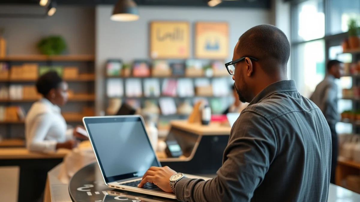 Person learning artificial intelligence skills on a laptop in a modern workspace
