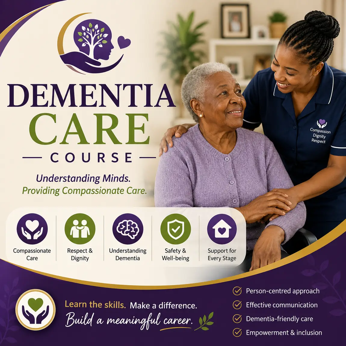South African caregiver providing compassionate support and assistance to an elderly woman living with dementia in a home care environment.