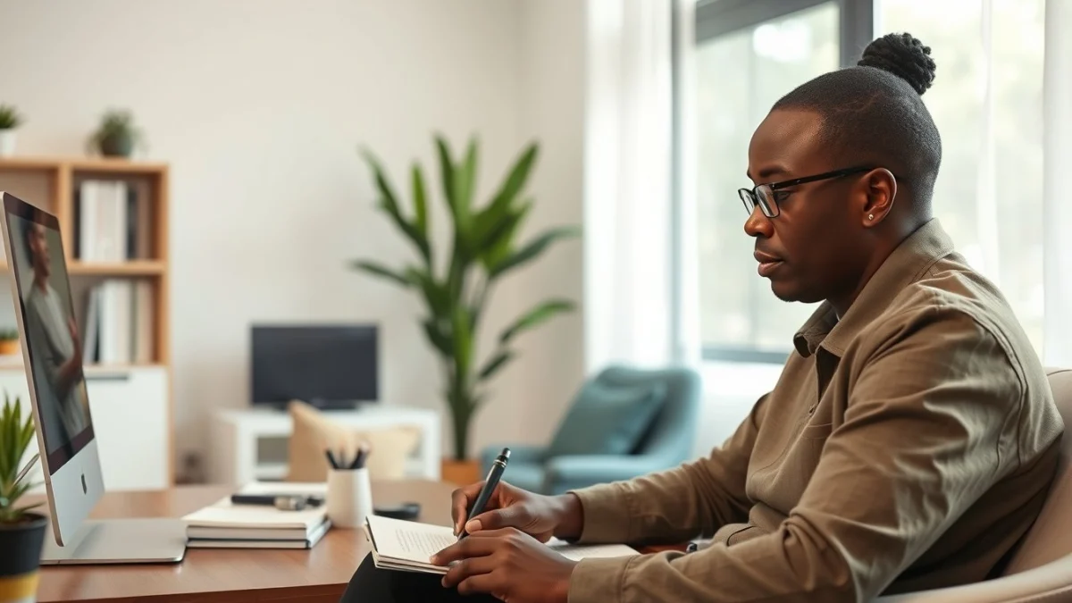 Person learning artificial intelligence skills on a laptop in a modern workspace