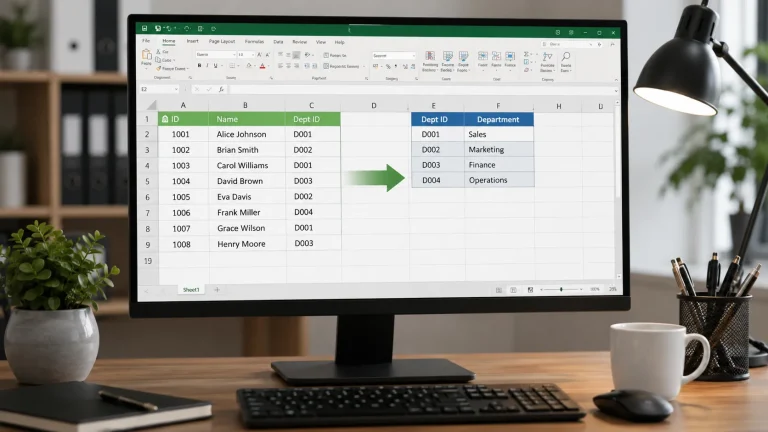Computer monitor showing Excel data transformation in a tidy office workspace, illustrating the difference between formulas and functions in Excel.