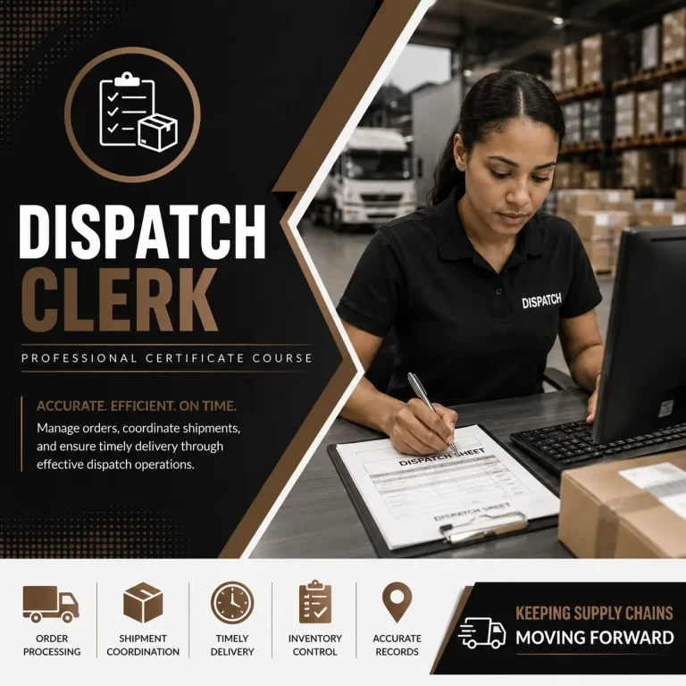 Professional Dispatch Clerk course cover featuring a logistics dispatch clerk processing shipment documentation in a warehouse with inventory and transport operations.