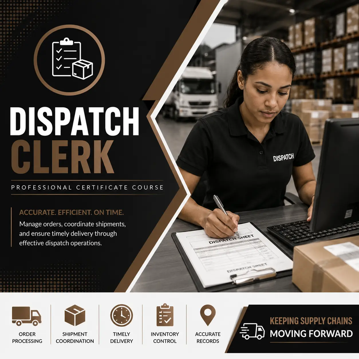 Professional Dispatch Clerk course cover featuring a logistics dispatch clerk processing shipment documentation in a warehouse with inventory and transport operations.