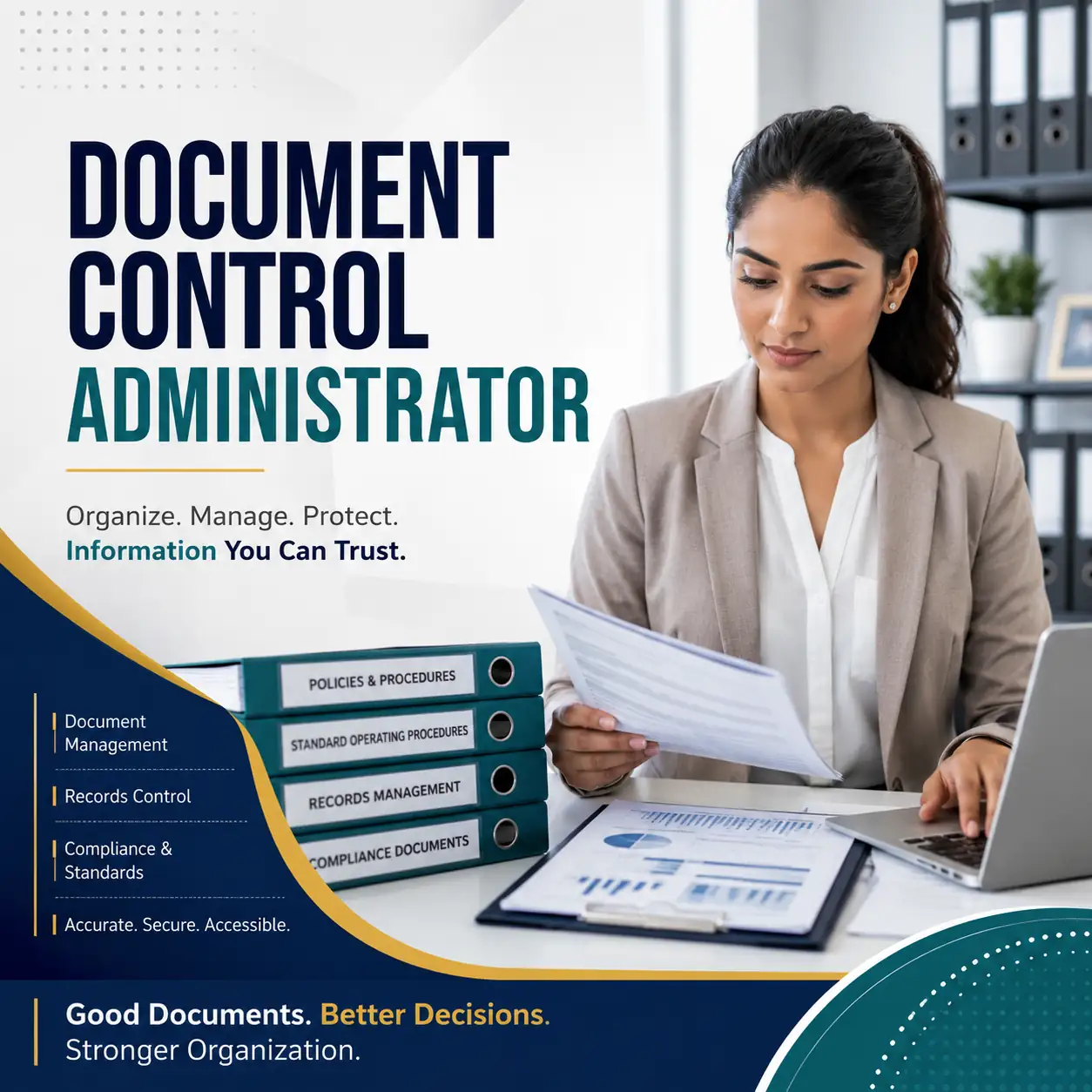 Document Control Administrator course cover featuring a professional administrator reviewing documents and records in a modern office environment.