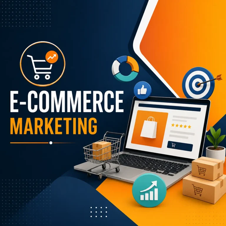 E-Commerce Marketing course cover featuring a laptop displaying an online shopping website, shopping cart, product boxes, marketing analytics, and digital commerce graphics.