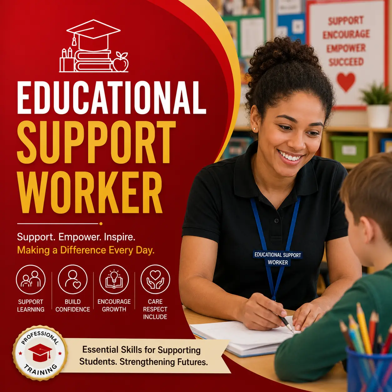 Educational Support Worker course cover featuring a support worker assisting a learner in a classroom environment with educational support and student development themes.