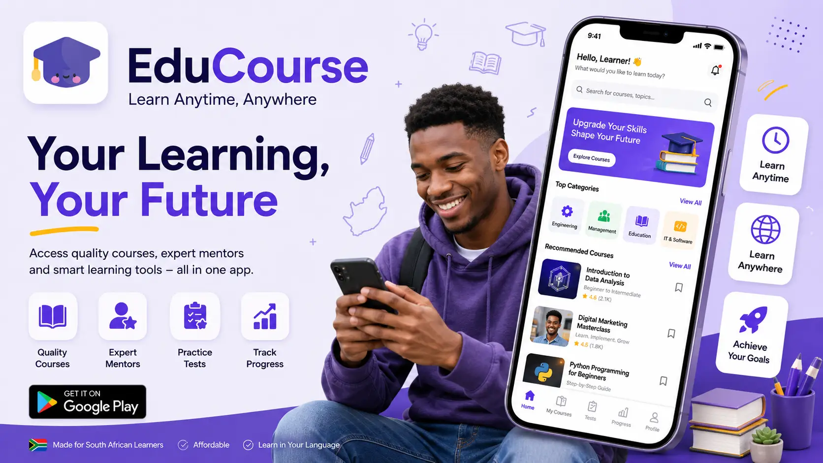 EduCourse mobile learning app promotional banner featuring a South African learner using the app on a smartphone.