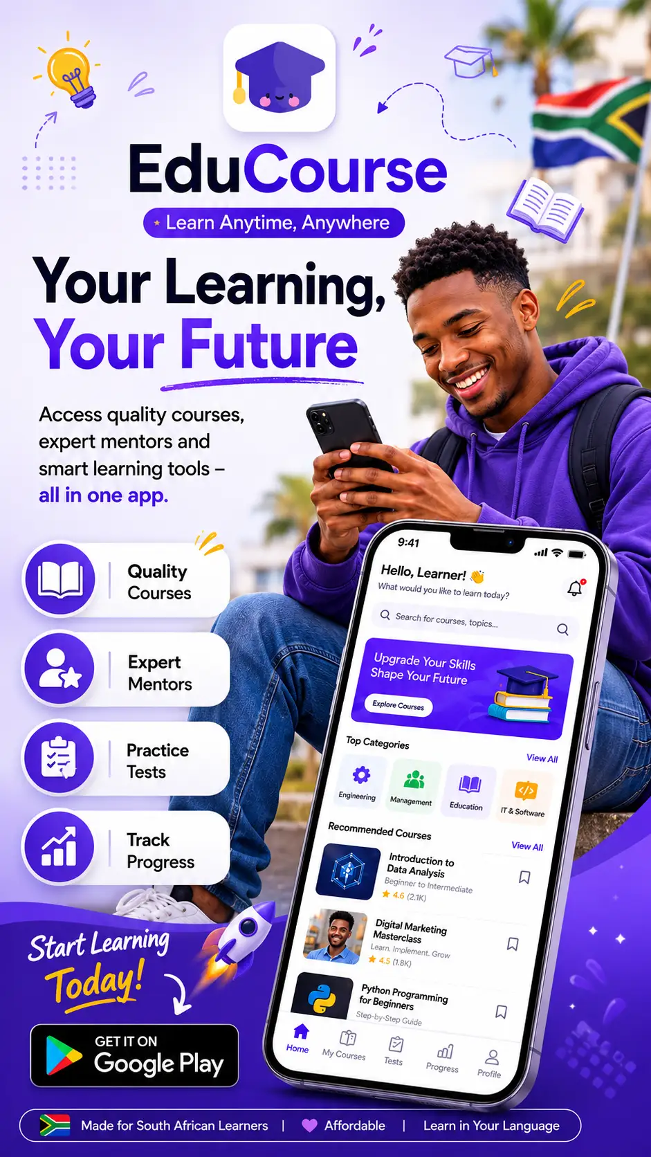 EduCourse mobile app vertical poster featuring a South African learner accessing online courses on a smartphone.