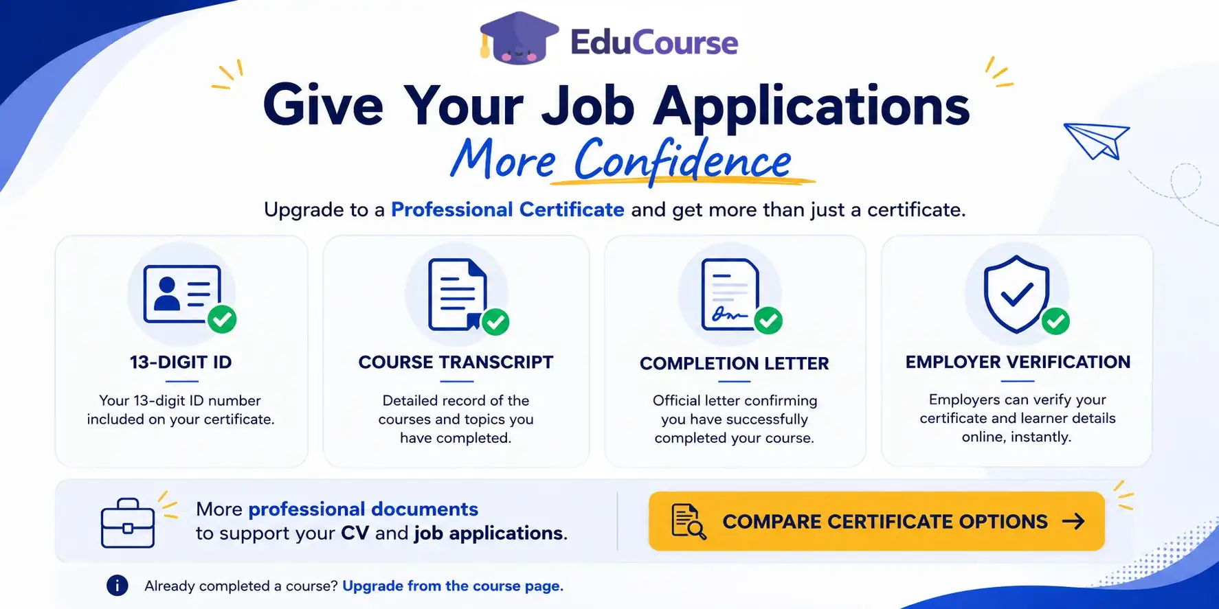 Compare EduCourse Professional Certificate features including 13-digit ID number, course transcript, completion letter and employer verification