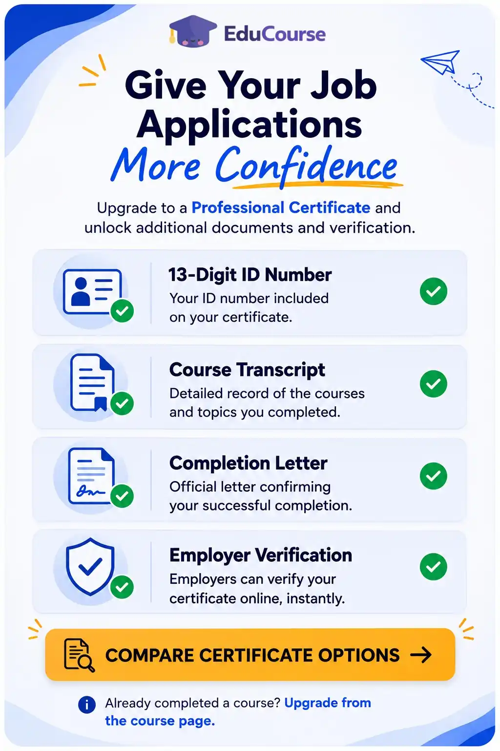 Compare EduCourse Professional Certificate features including 13-digit ID number, course transcript, completion letter and employer verification