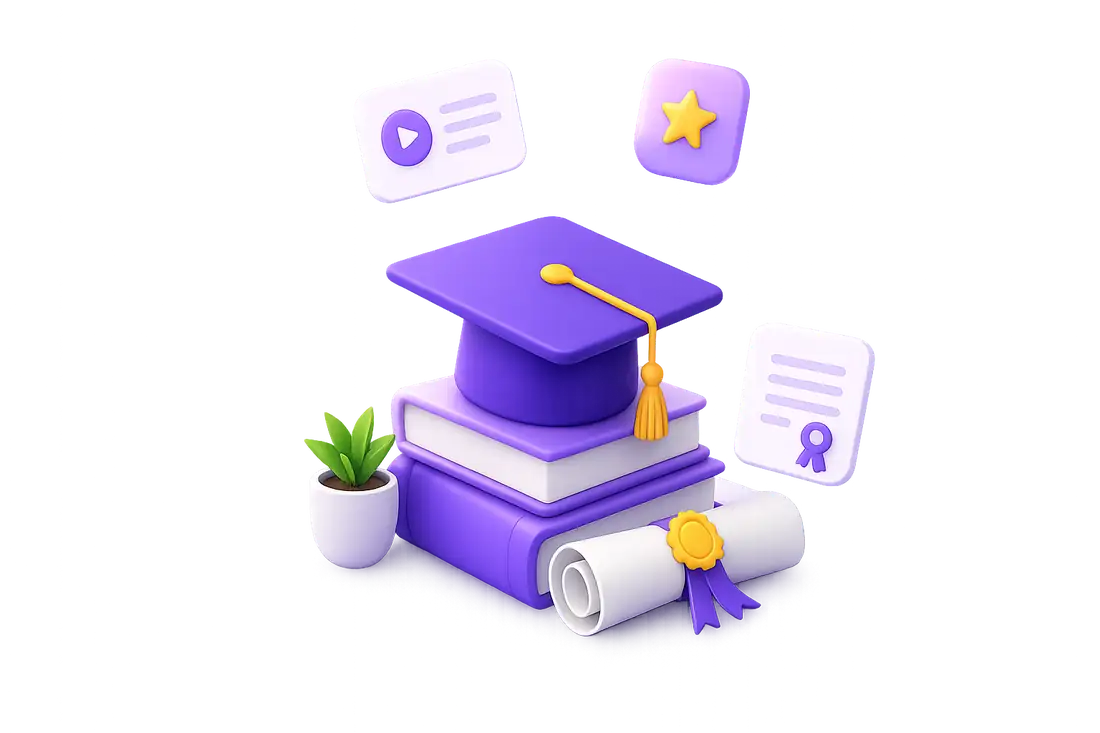Graduation cap on stacked books with certificate and learning icons illustration