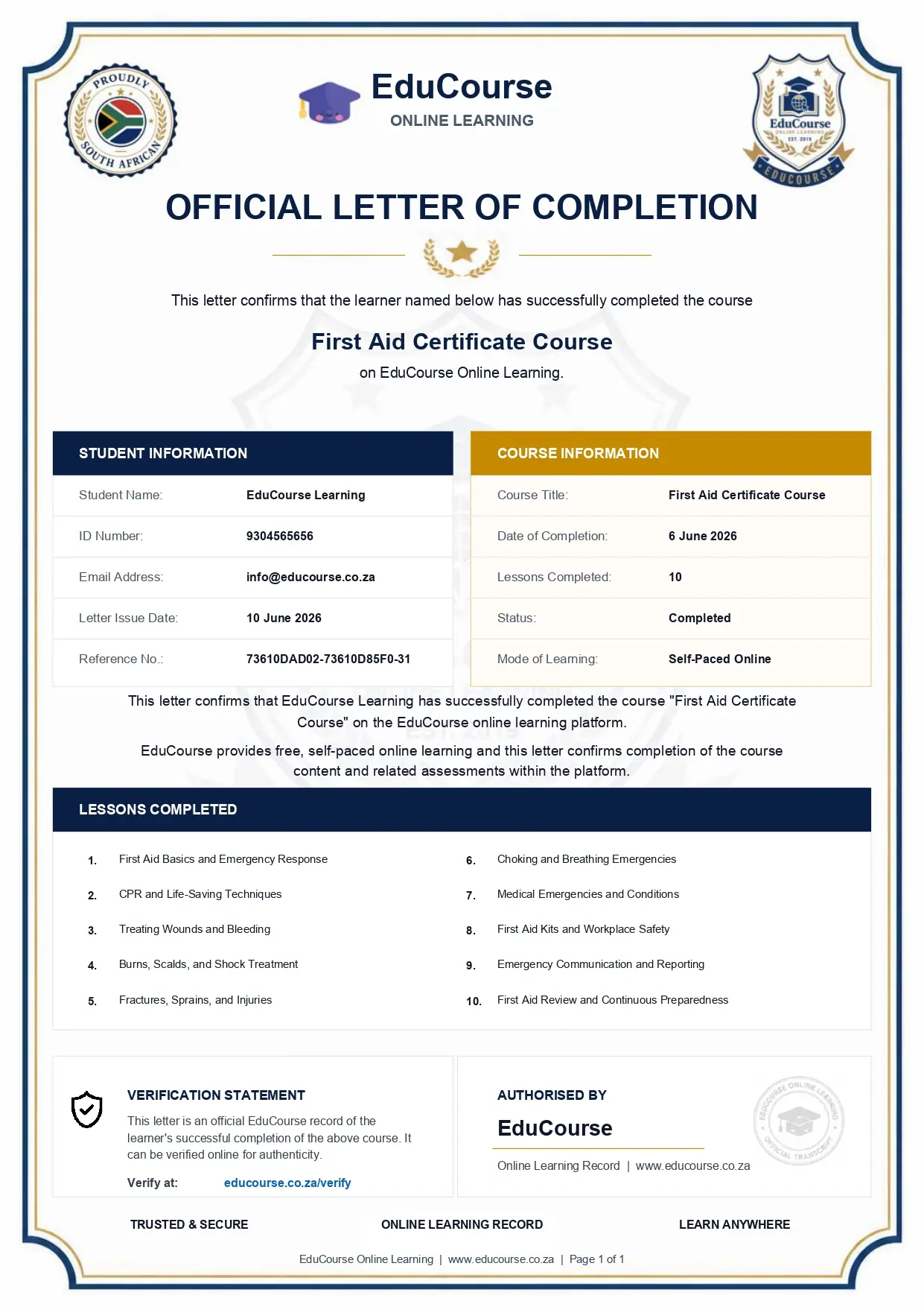 Official EduCourse Transcript