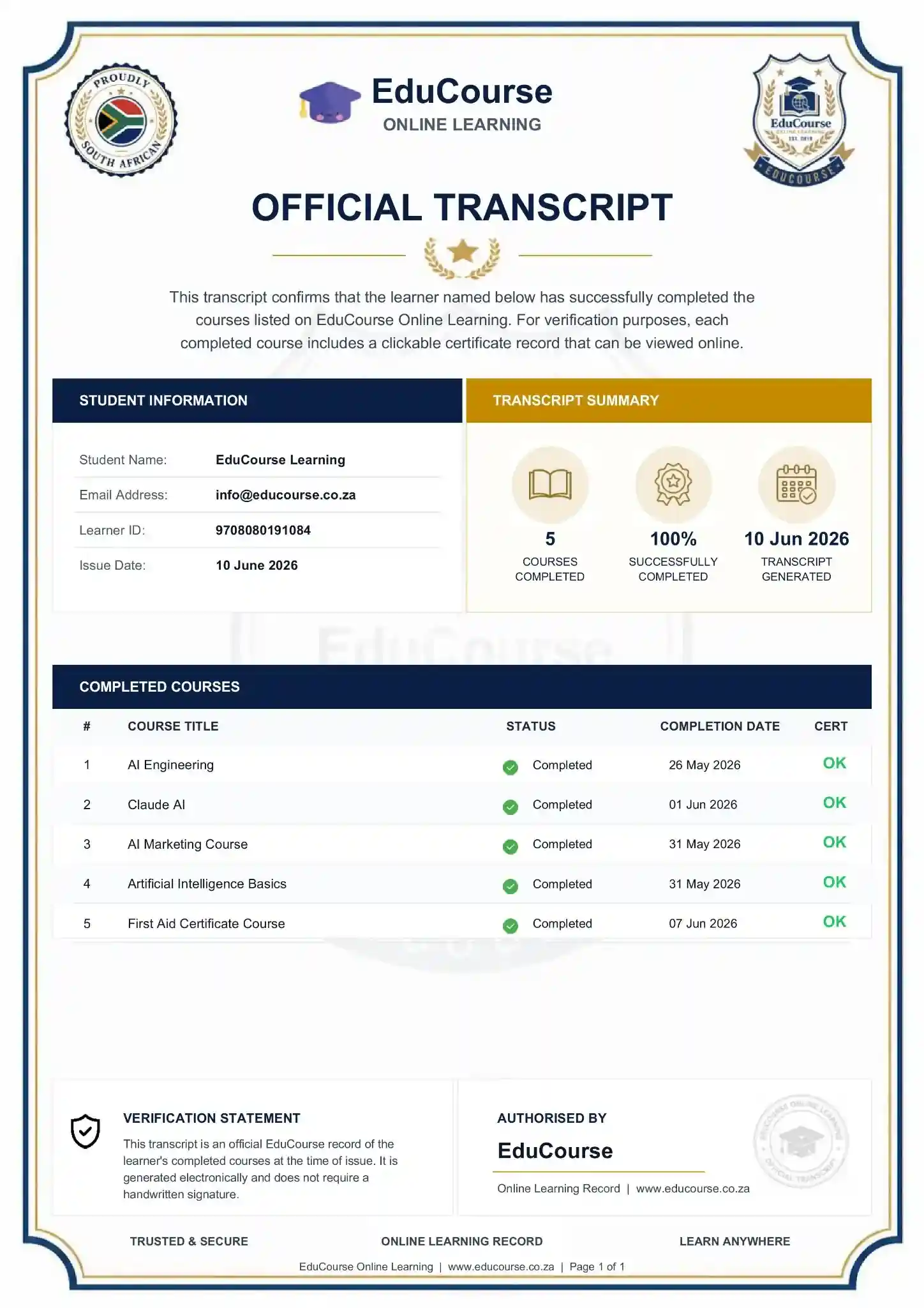 Official EduCourse Transcript