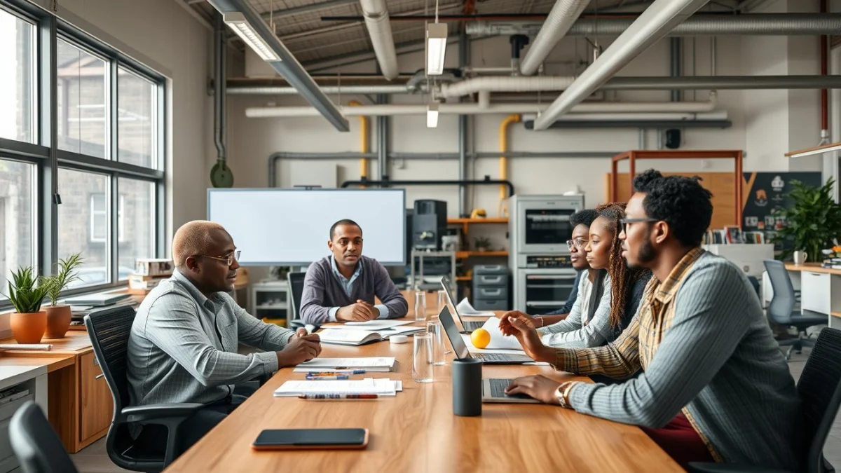 Person learning effective communication with production teams in a modern educational setting