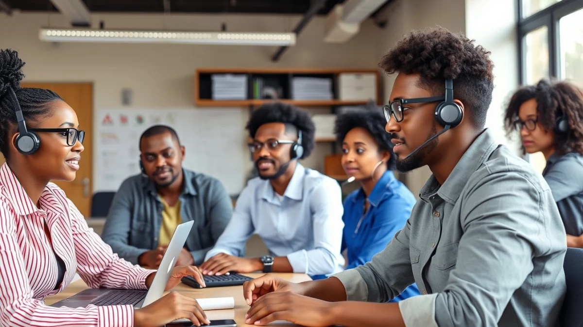 Person learning effective phone communication techniques in a modern educational setting