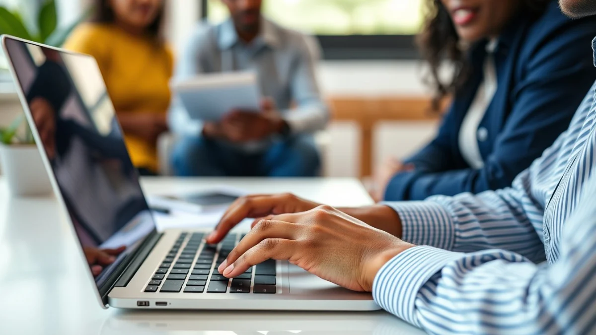 Person learning artificial intelligence skills on a laptop in a modern workspace