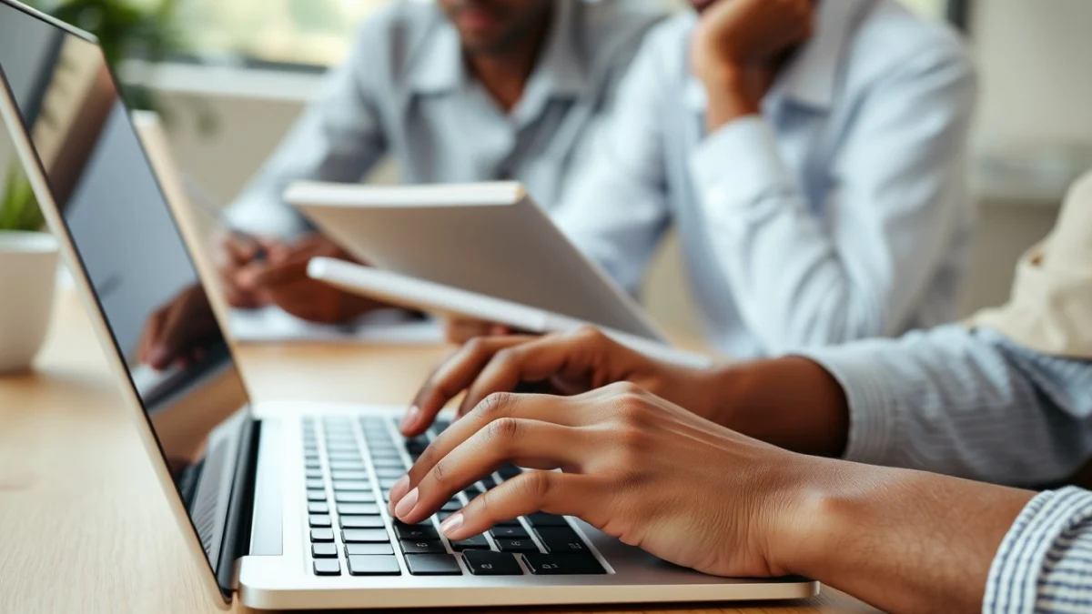Person learning artificial intelligence skills on a laptop in a modern workspace