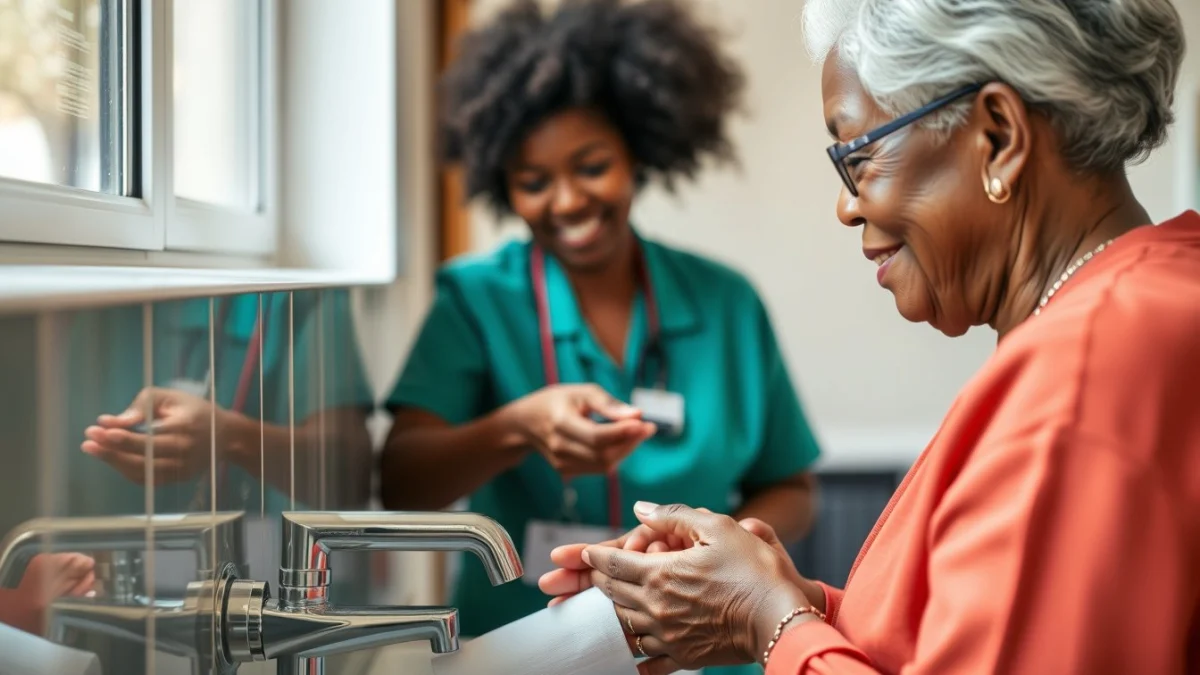 Learner studying caregiving skills in a professional training environment