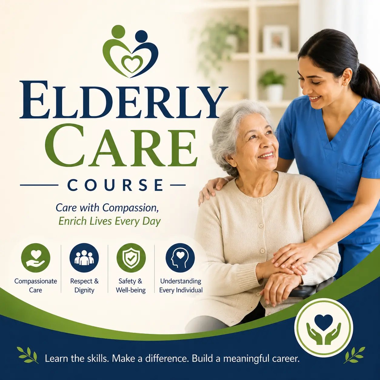 Professional elderly caregiver supporting and assisting an elderly woman in a home care environment for an Elderly Care course.