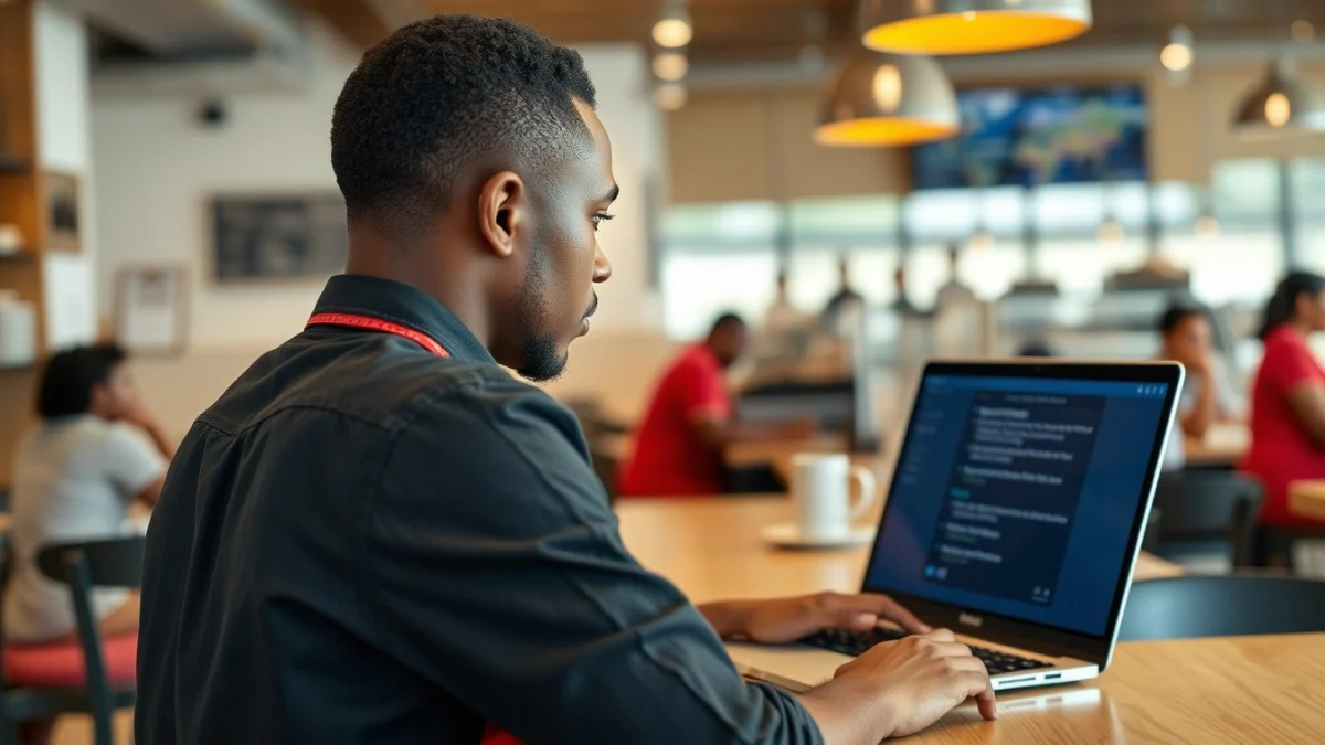 Person learning artificial intelligence skills on a laptop in a modern workspace