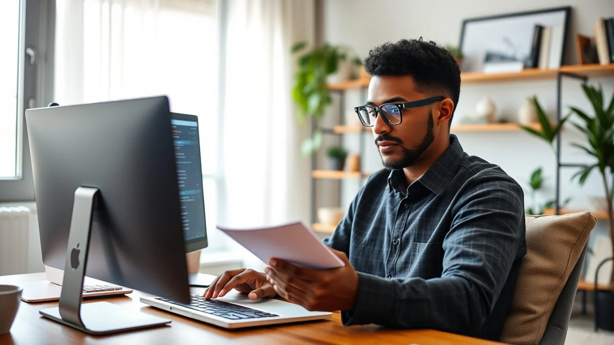 Person learning artificial intelligence skills on a laptop in a modern workspace