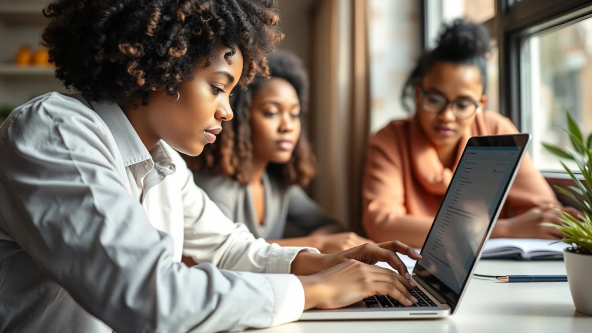 Person learning artificial intelligence skills on a laptop in a modern workspace