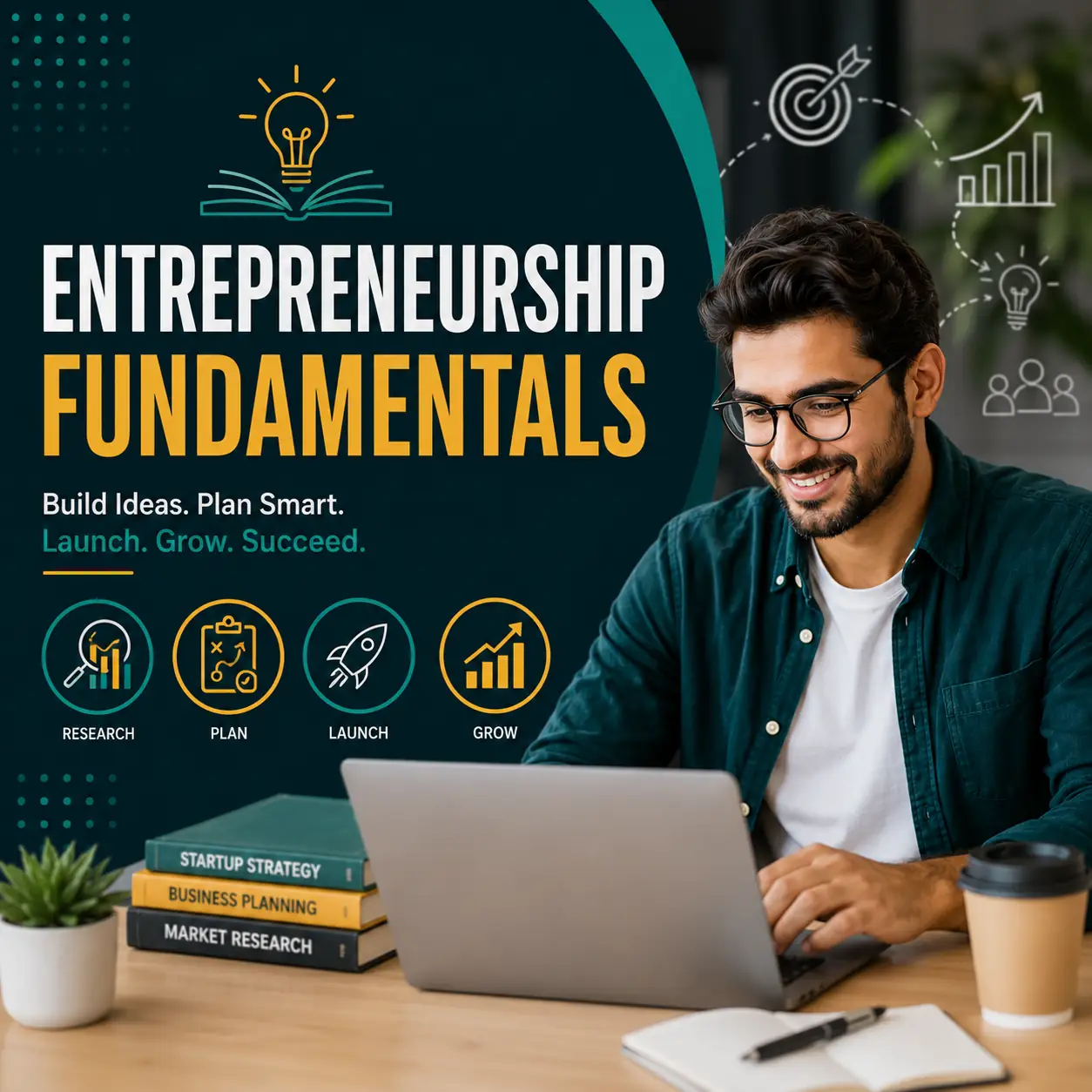Entrepreneur working on a laptop while learning entrepreneurship fundamentals, business planning, startup strategy, and business growth.