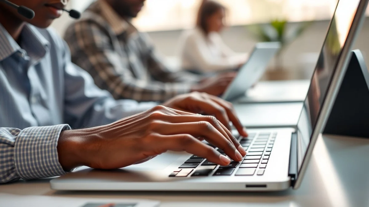 Person learning artificial intelligence skills on a laptop in a modern workspace