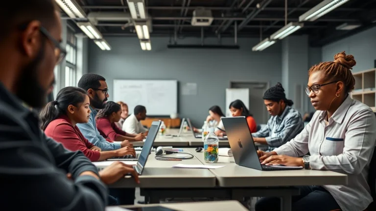 Person learning artificial intelligence skills on a laptop in a modern workspace