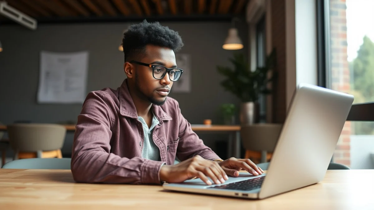 Person learning artificial intelligence skills on a laptop in a modern workspace