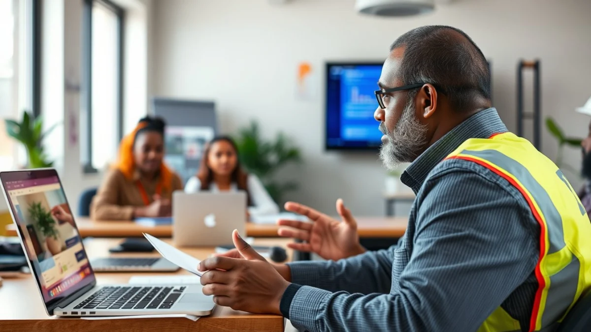 Person learning artificial intelligence skills on a laptop in a modern workspace