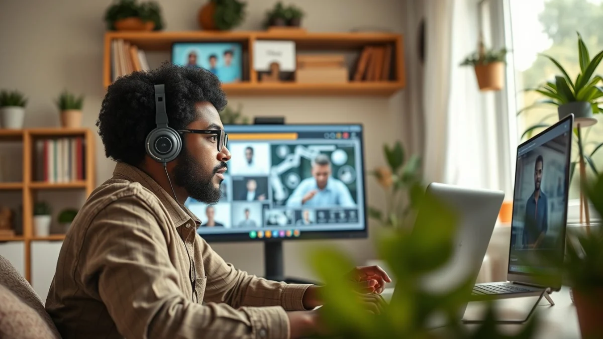 Person learning artificial intelligence skills on a laptop in a modern workspace