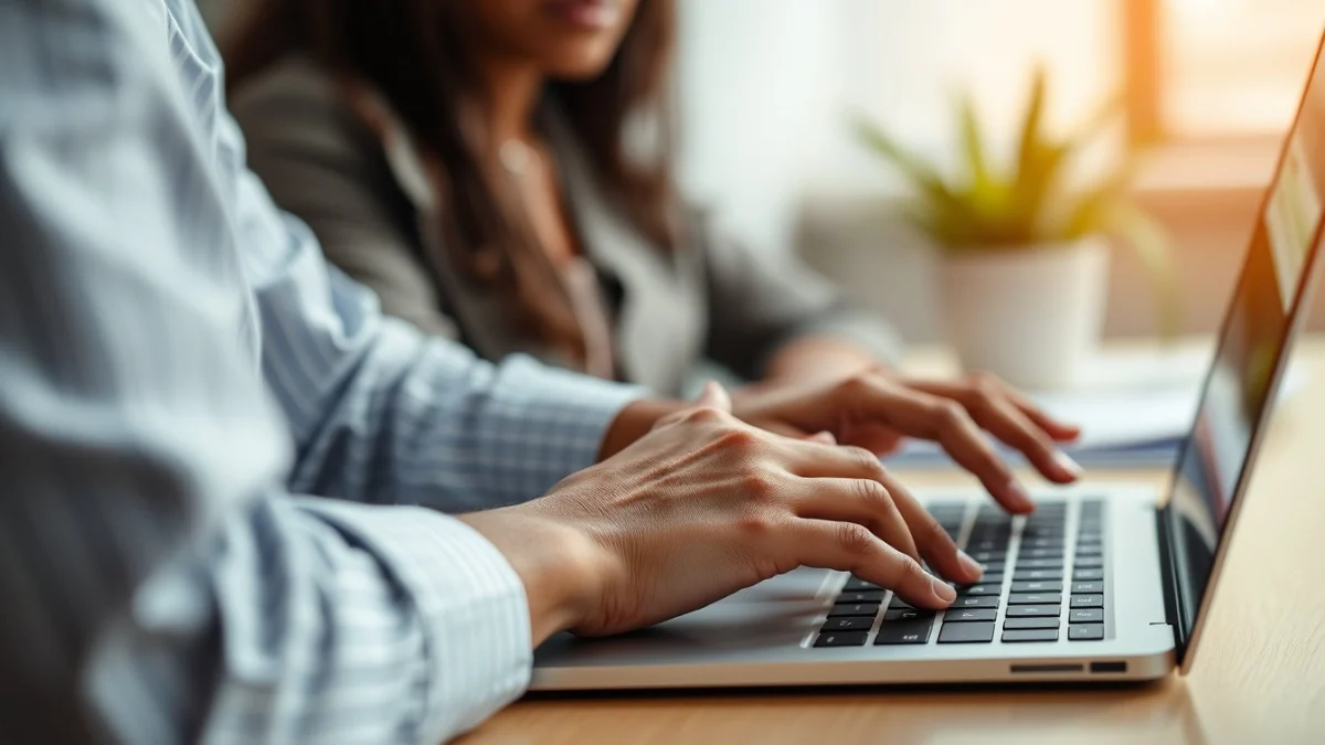 Person learning artificial intelligence skills on a laptop in a modern workspace