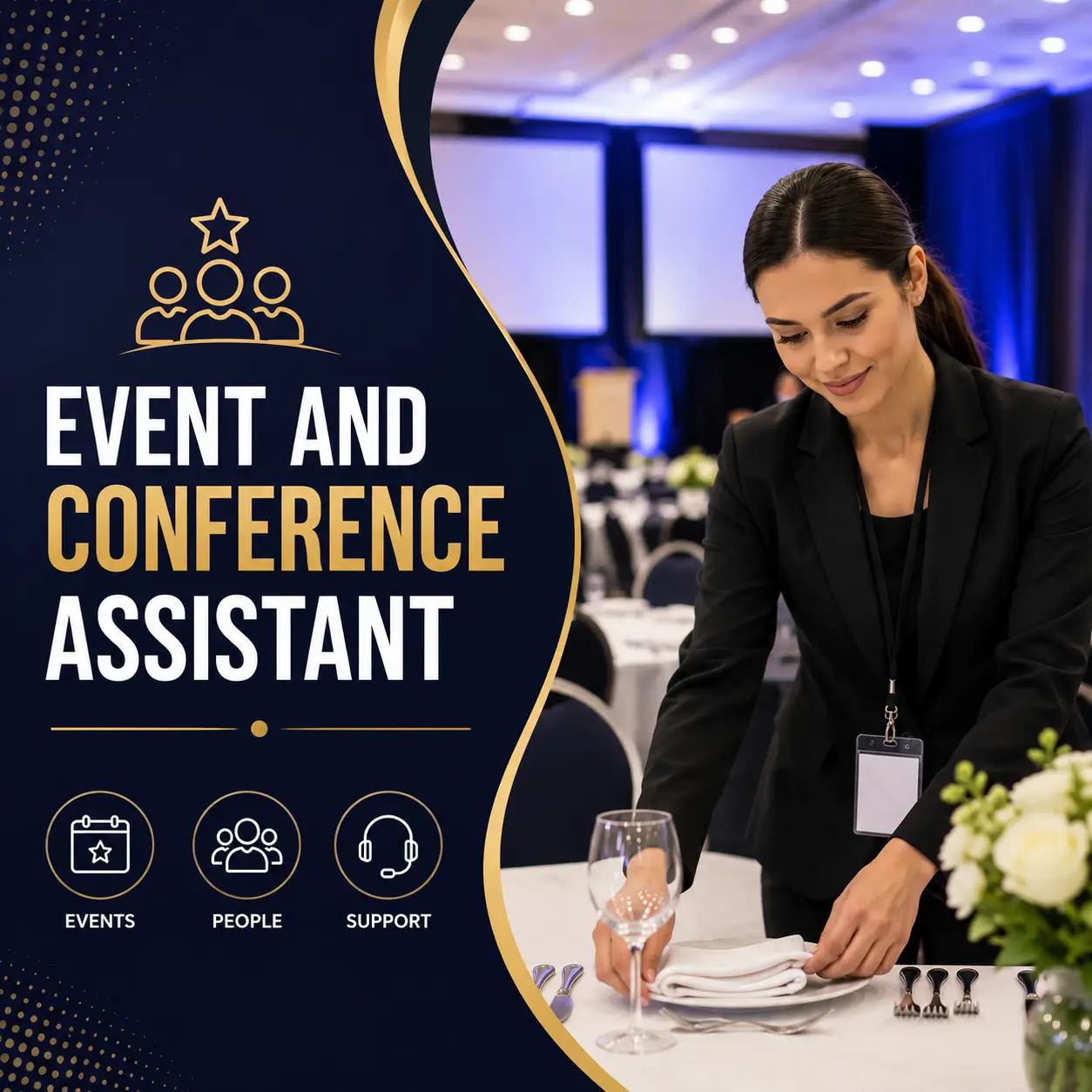 Event and Conference Assistant course cover featuring a professional event assistant preparing a conference venue with elegant navy and gold branding.