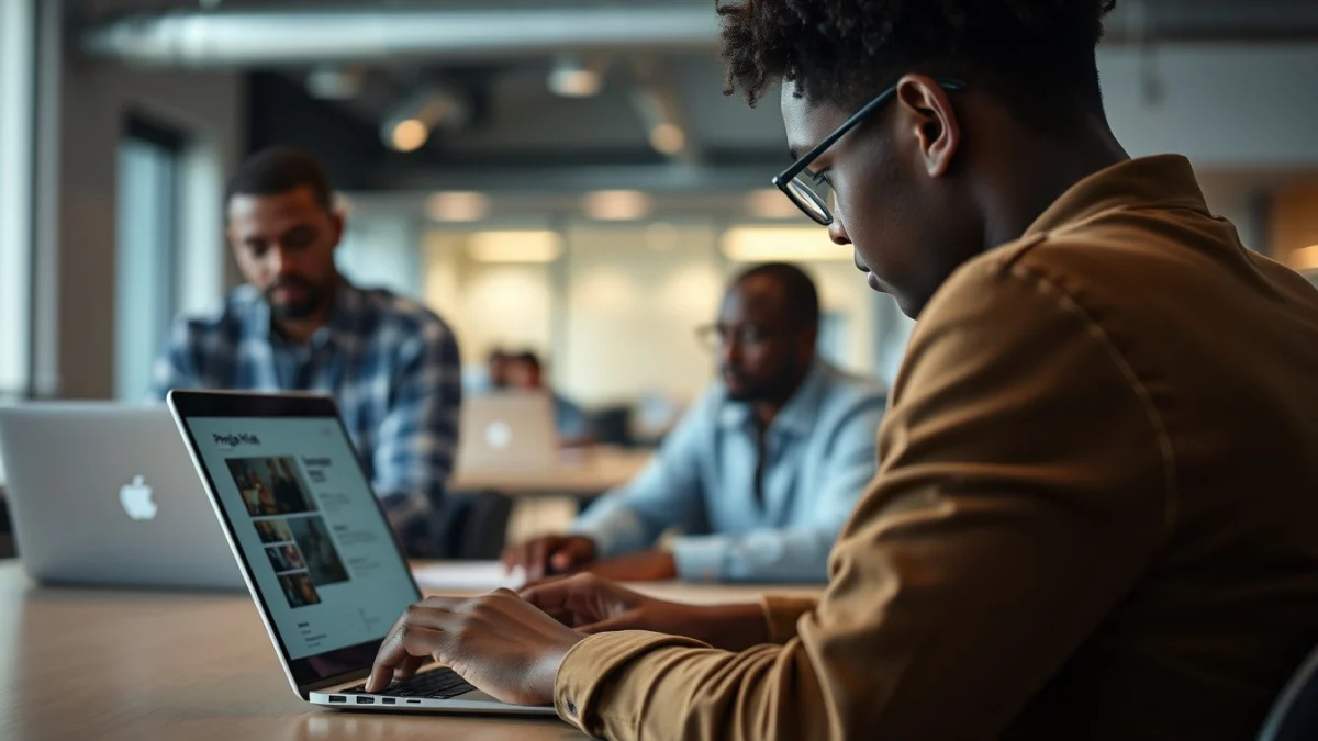 Person learning artificial intelligence skills on a laptop in a modern workspace