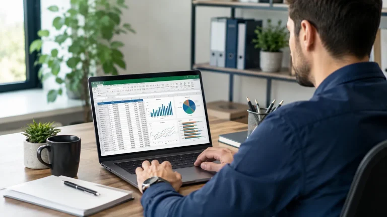Office worker reviewing an Excel worksheet with clearly formatted cells and charts, illustrating Excel cell formatting.
