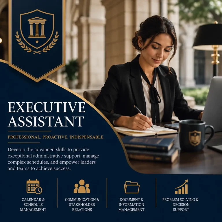 Executive Assistant Certificate Course cover featuring a professional executive assistant managing schedules, communication and administrative support in a corporate environment