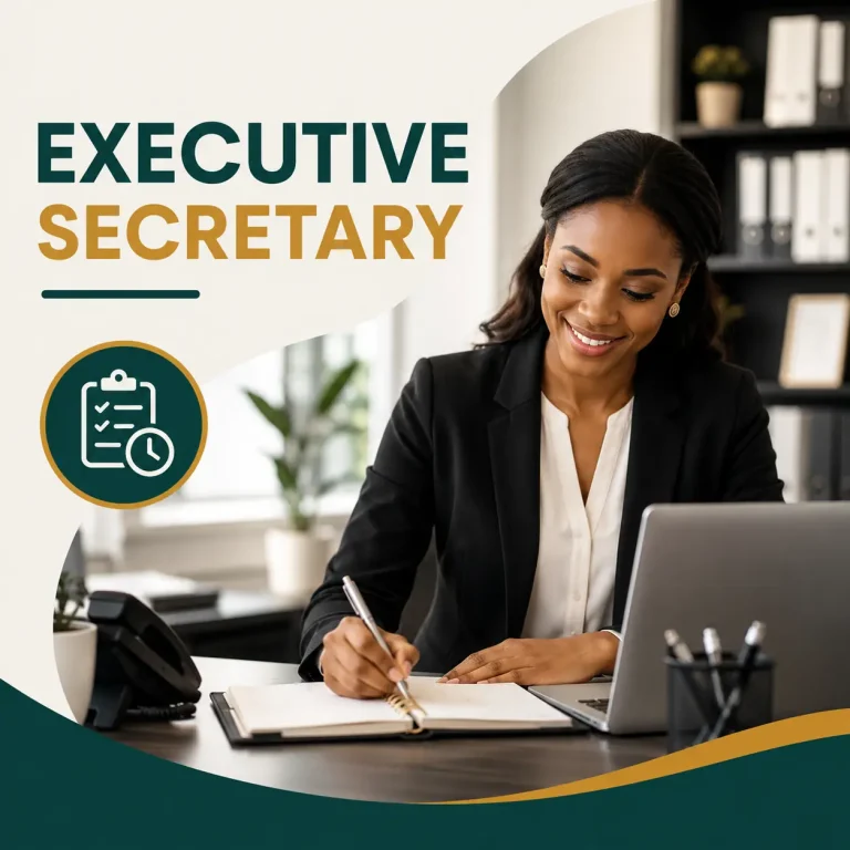 Executive Secretary course cover featuring a professional executive secretary working at a modern office desk with a laptop, notebook, and office telephone.