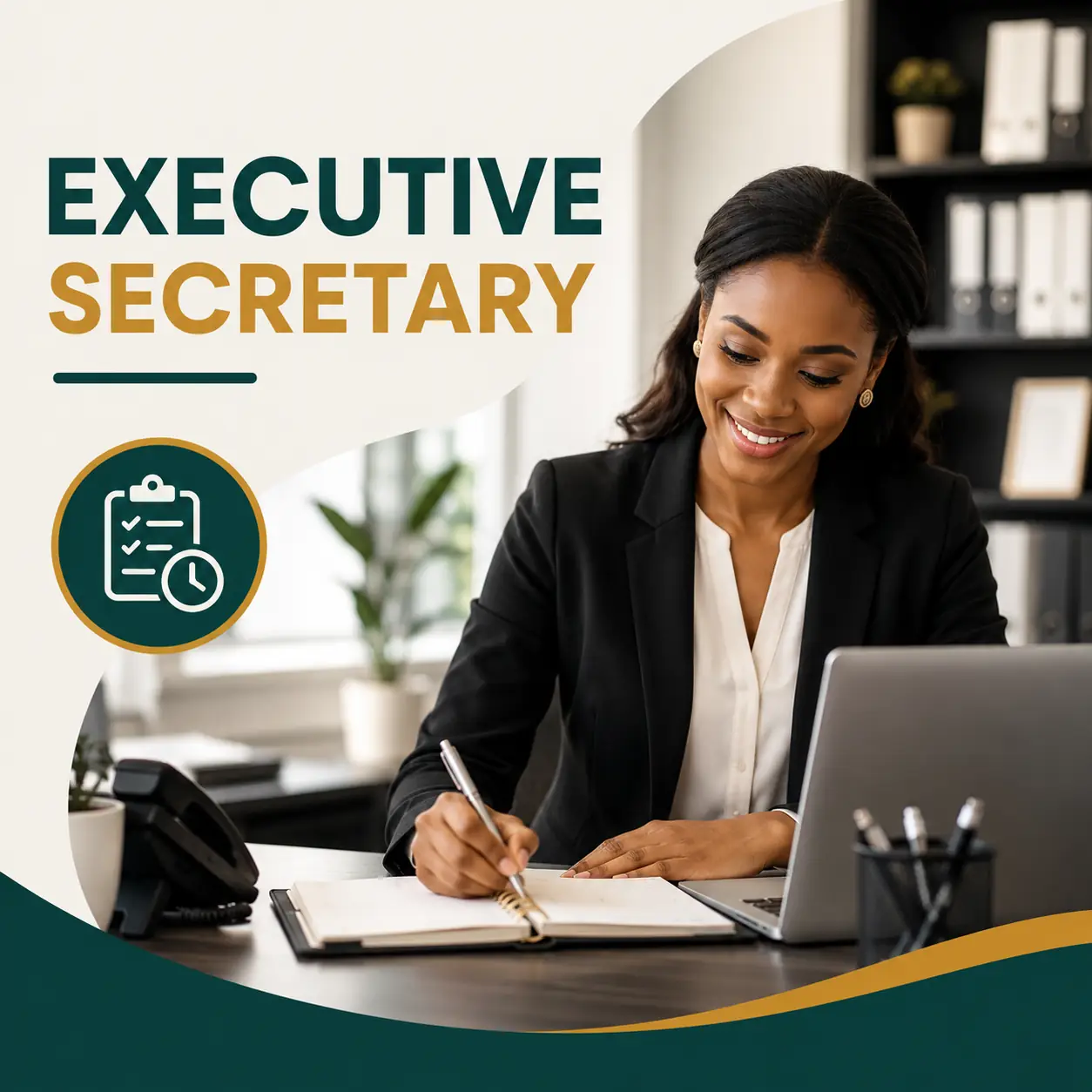 Executive Secretary course cover featuring a professional executive secretary working at a modern office desk with a laptop, notebook, and office telephone.