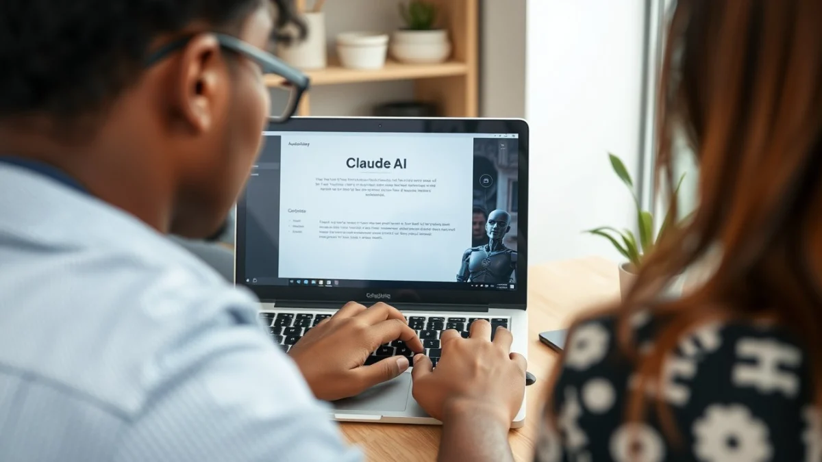 Person learning artificial intelligence skills on a laptop in a modern workspace