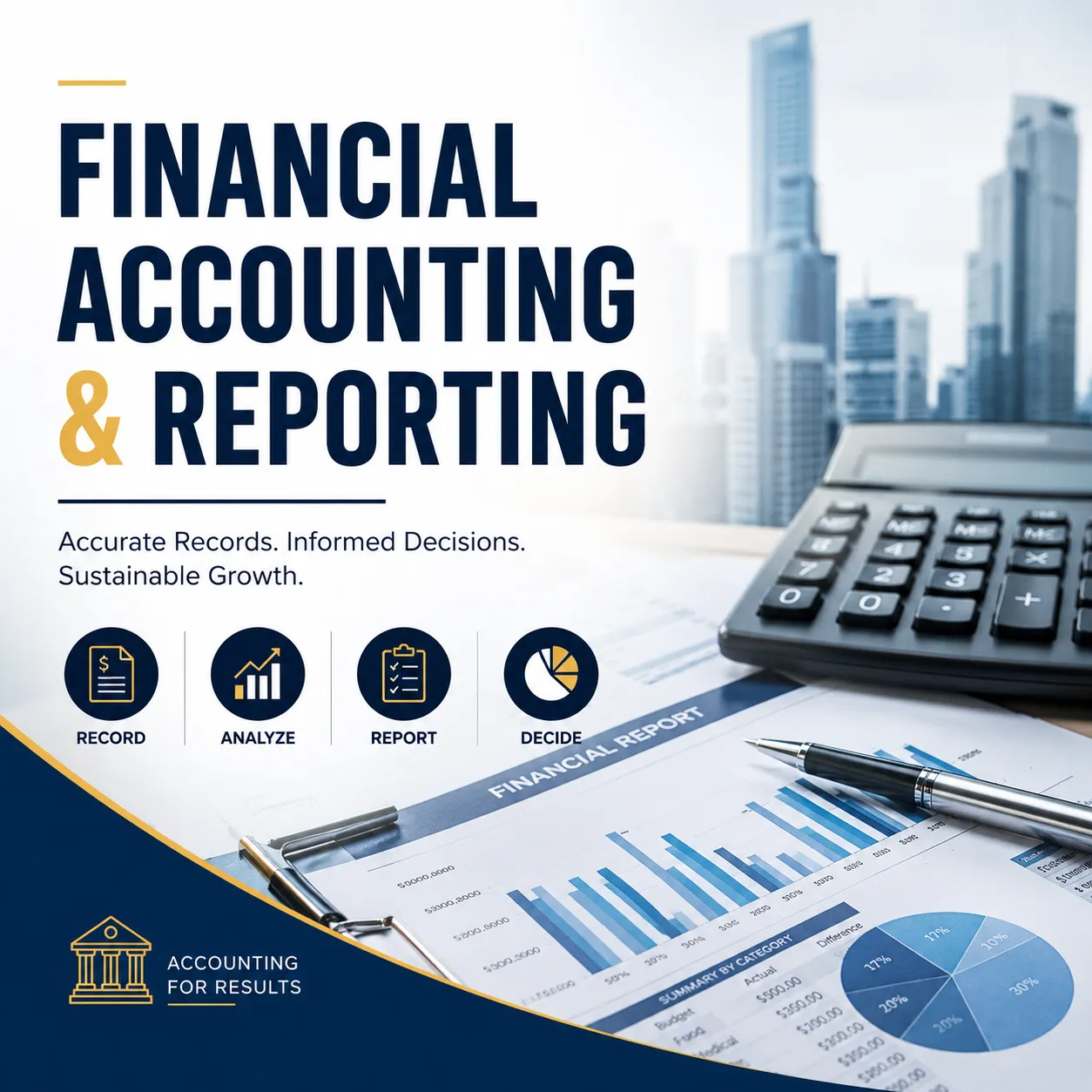Professional financial accounting and reporting course cover featuring financial reports, charts, calculator, and corporate office background in a modern business style