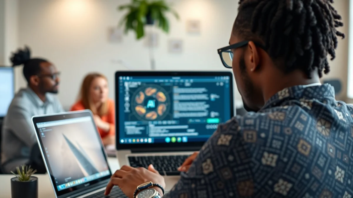 Person learning artificial intelligence skills on a laptop in a modern workspace