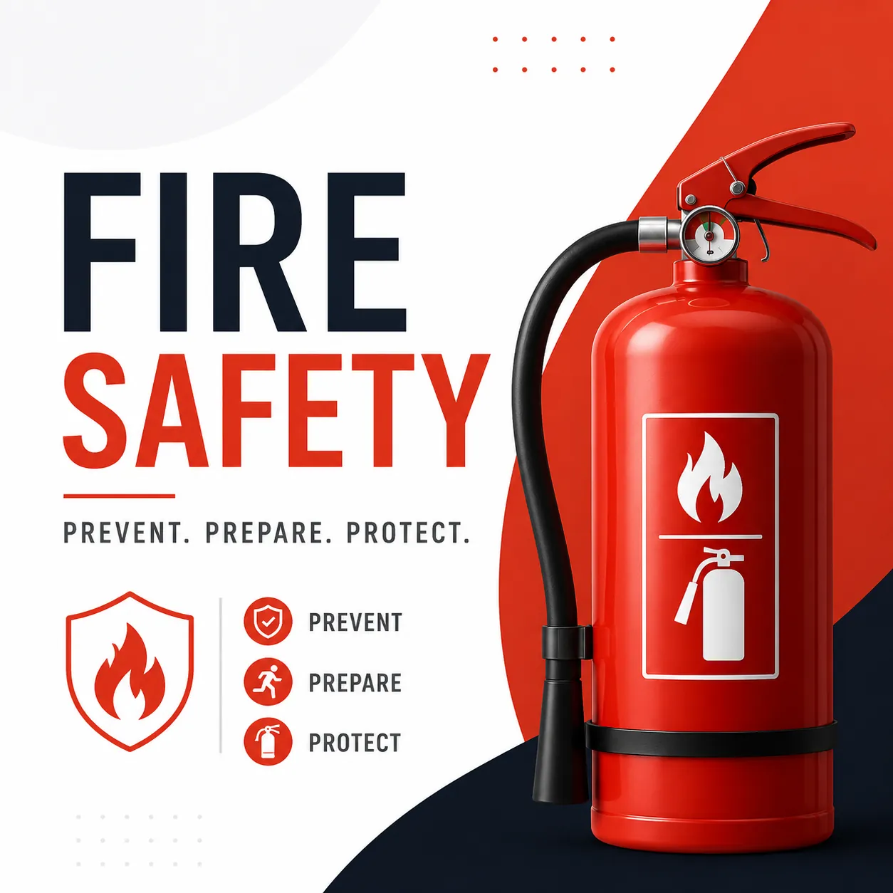 Modern fire safety course cover featuring a fire extinguisher and workplace fire prevention design