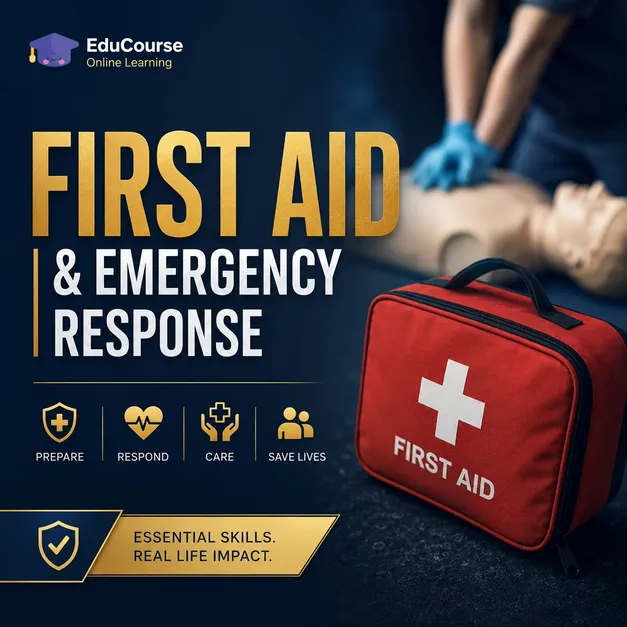 First Aid and Emergency Response online course cover featuring a first aid kit, CPR training scene, and premium dark blue and gold design.